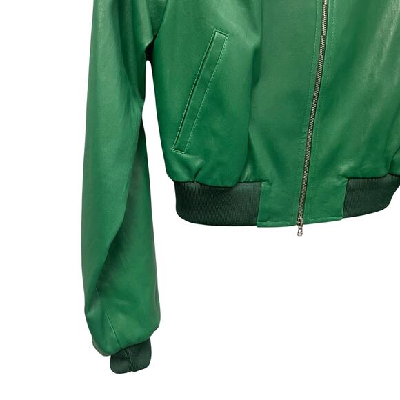 NWT Susan Bender Stretch Leather Stripe Long Sleeve Bomber Jacket Forest Green 2 - Picture 2 of 7